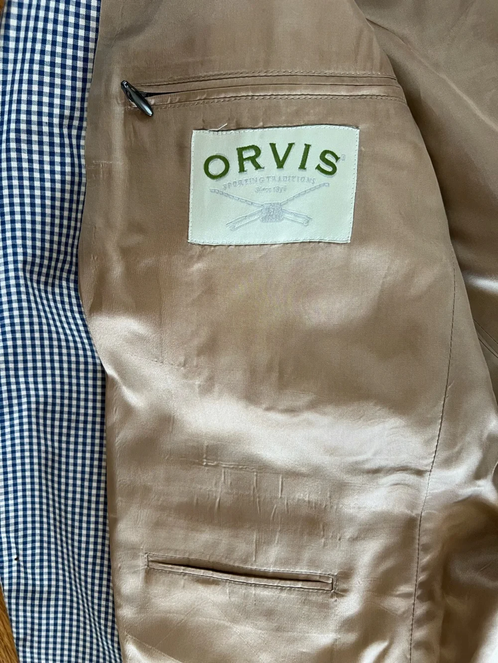Orvis Navy and Tan gingham Houndstooth Sport Coat Blazer with Tan Lining
